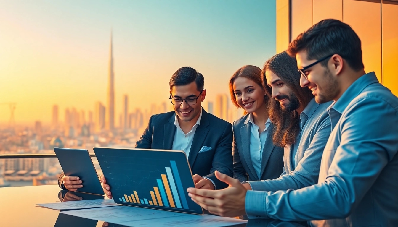Business Consultants in Dubai collaborating strategically in a vibrant meeting with a city skyline view.