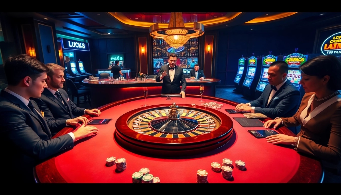 Experience high-stakes poker at LUCK8 with players in a luxurious casino setting.