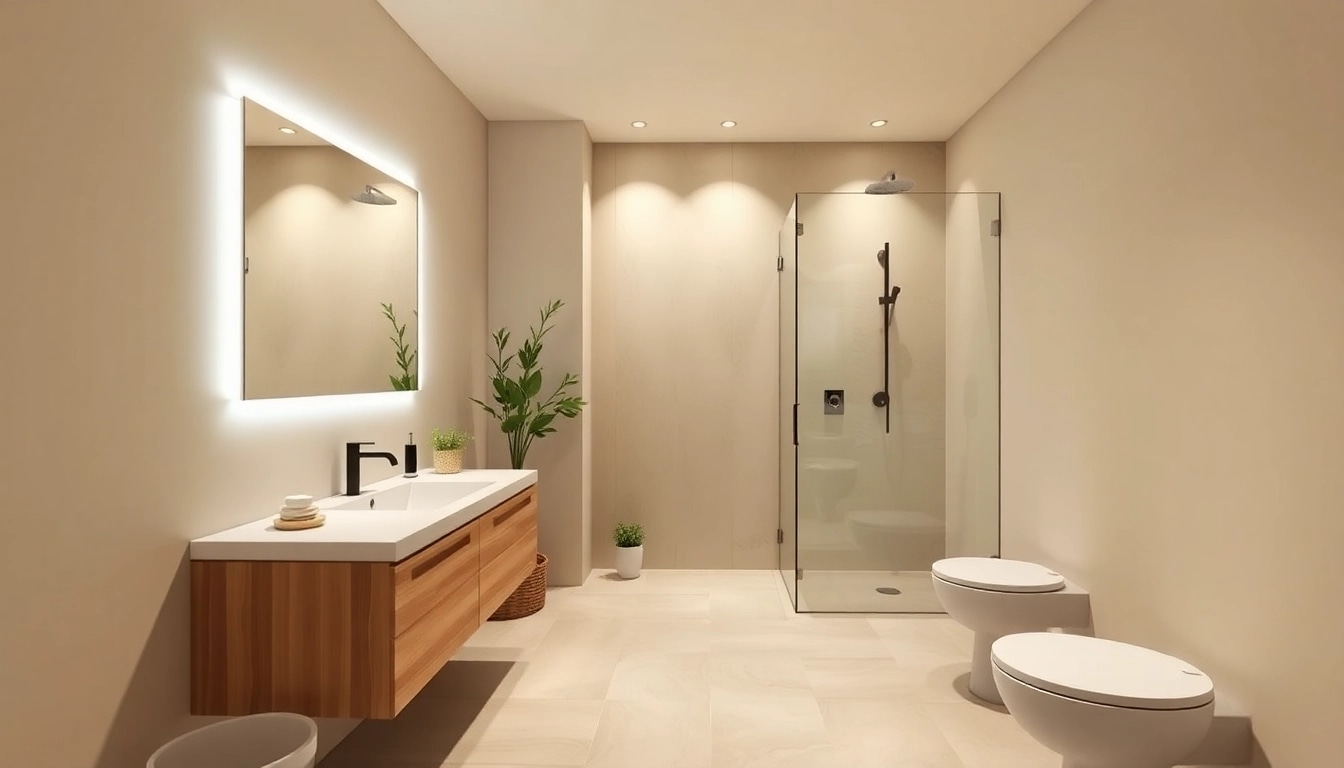 Modern small bathroom remodel showcasing sleek design and natural materials.
