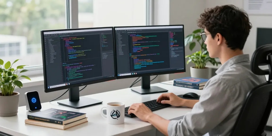 Innovative workspace with an AI developer using openclaw ai skills on dual monitors, enhancing productivity.
