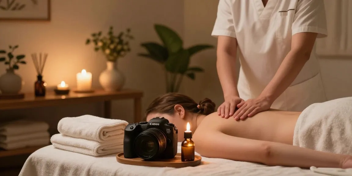 성정동마사지 제공하는 아늑한 마사지 룸 모습, 편안한 분위기 속에서 스웨디시 마사지 준비 중인 치료사.