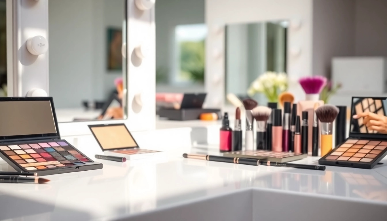 Wholesale makeup suppliers display vibrant palettes and brushes in a professional setting.