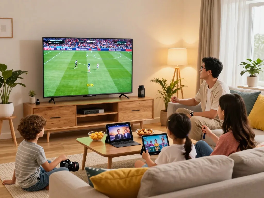 Genieten van iptv nederland met familie in een gezellige woonkamer, sport en films streamend.