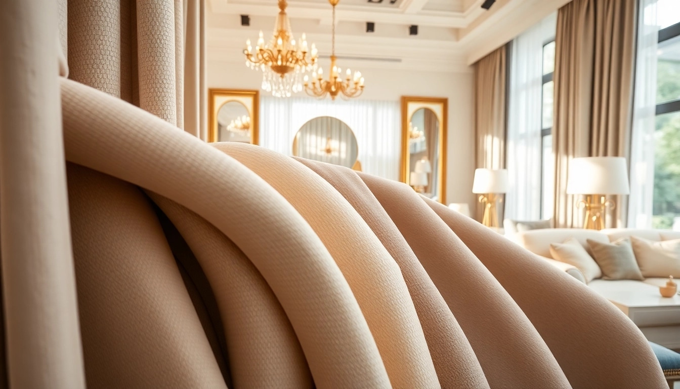 Gordijnstof kopen online met luxe stoffen in een stijlvolle interieursetting.