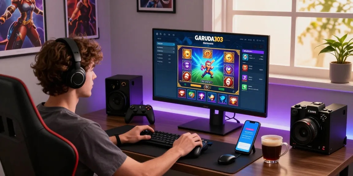 Engaging with Garuda303 platform on high-resolution screen, gaming accessories visible.