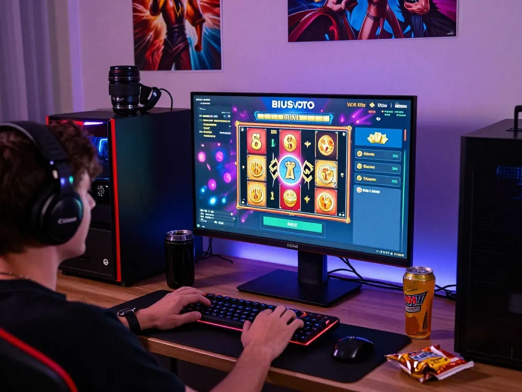Player enjoying BIUSTOTO online slot games in a vibrant gaming setup, showcasing excitement and vibrant graphics.