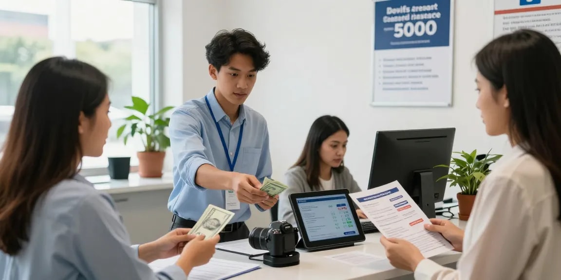 Banking scene with a cash deposit of 5000 being discussed in a welcoming atmosphere, highlighting personal finance.