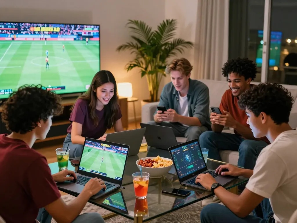 Friends engaging with Link W88 on laptops and smartphones in a lively gaming atmosphere.