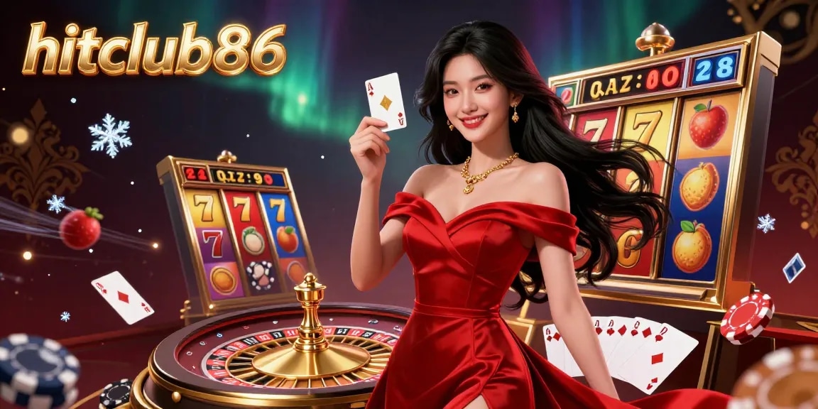 Experience thrilling gameplay at hitclub86 with a beautiful dealer beside a golden roulette wheel and jackpot elements.