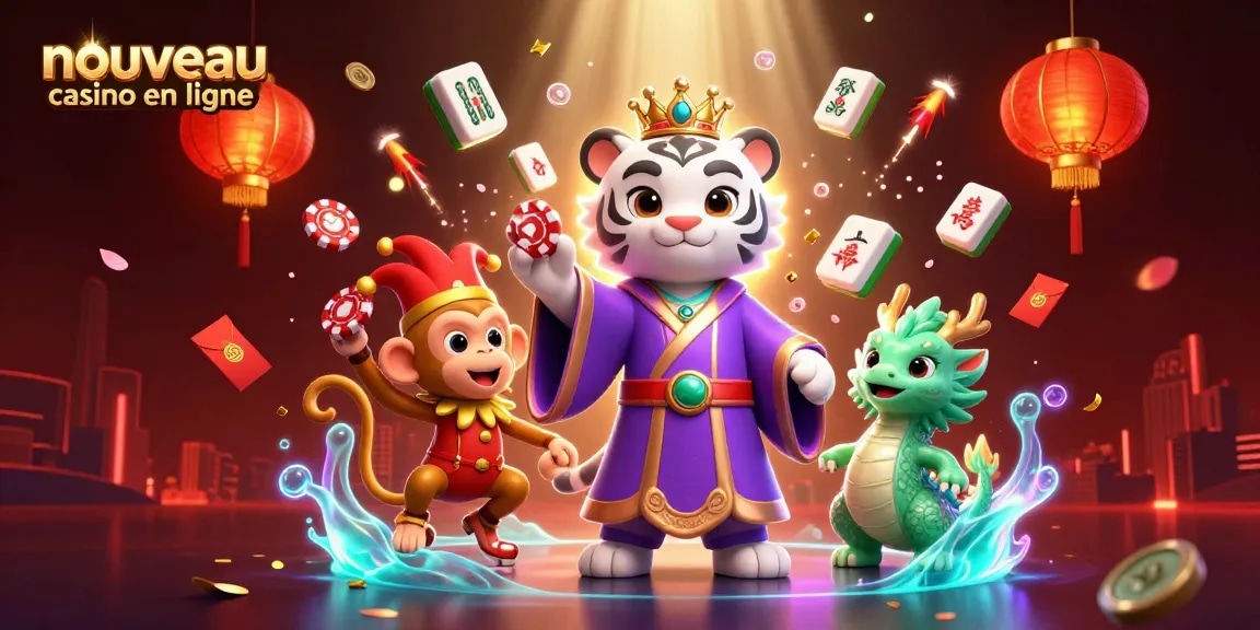 Illustration attrayante d'un nouveau casino en ligne avec un tigre, un singe jonglant et un dragon.
