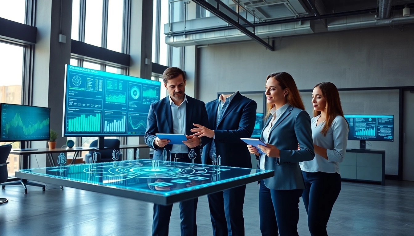 Visualize EORMC with professionals collaborating over blockchain data in a modern office.