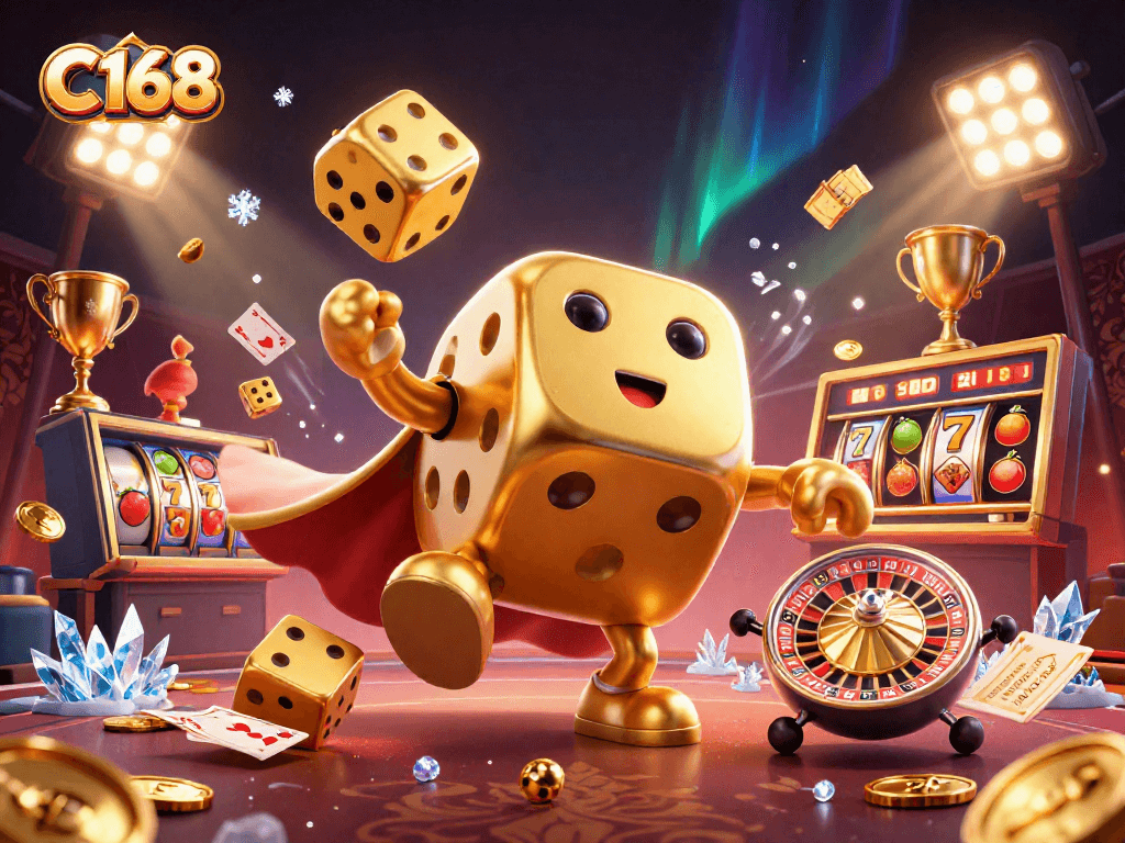 C168 engages players with a jazzy casino scene featuring lively golden dice and slot game elements.