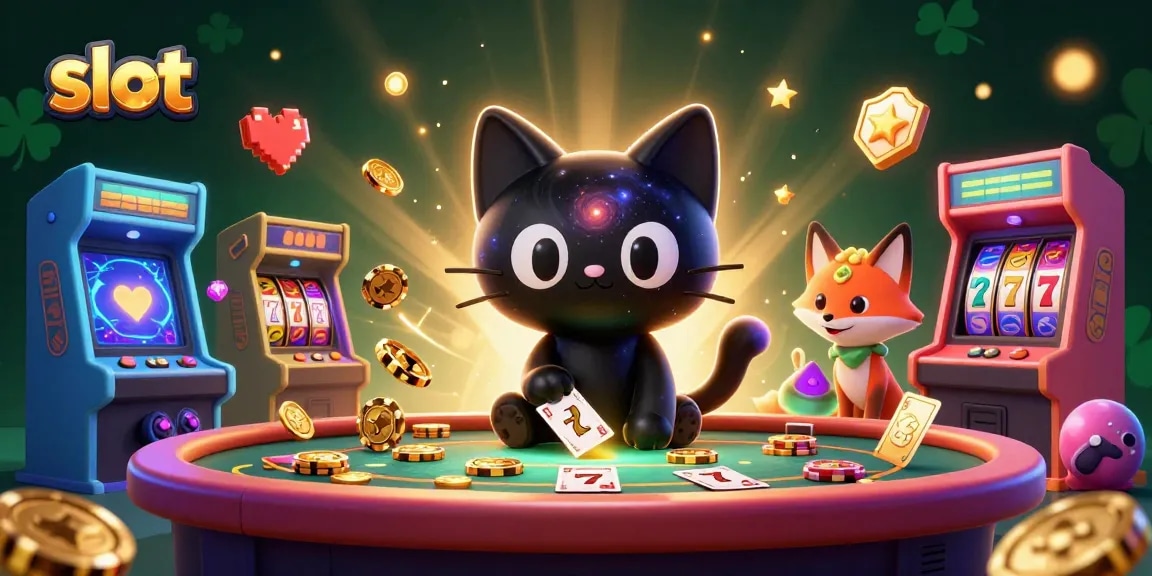 Spinning slots featured in a vibrant cosmic casino scene with a black hole cat.
