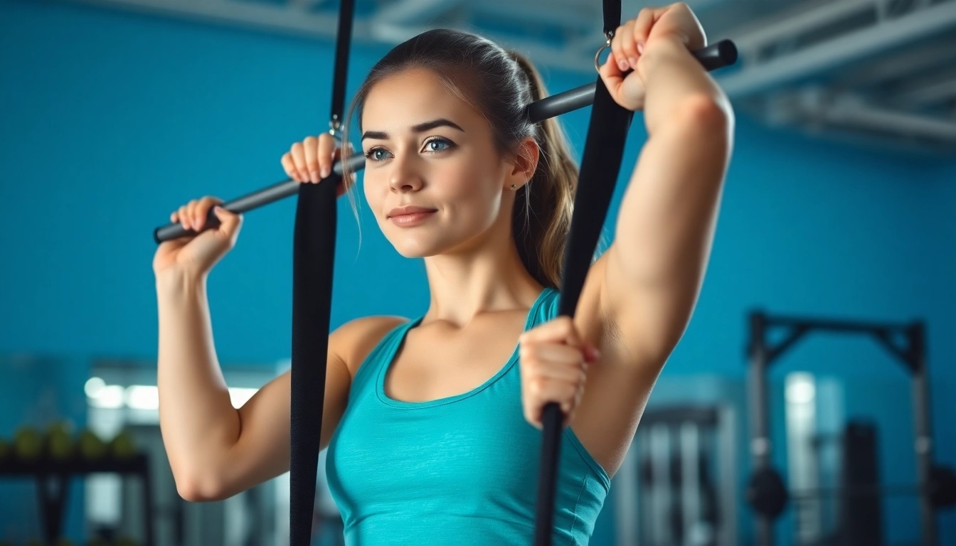 Young woman using a pull-up assist band in a gym to improve her pull-up technique.