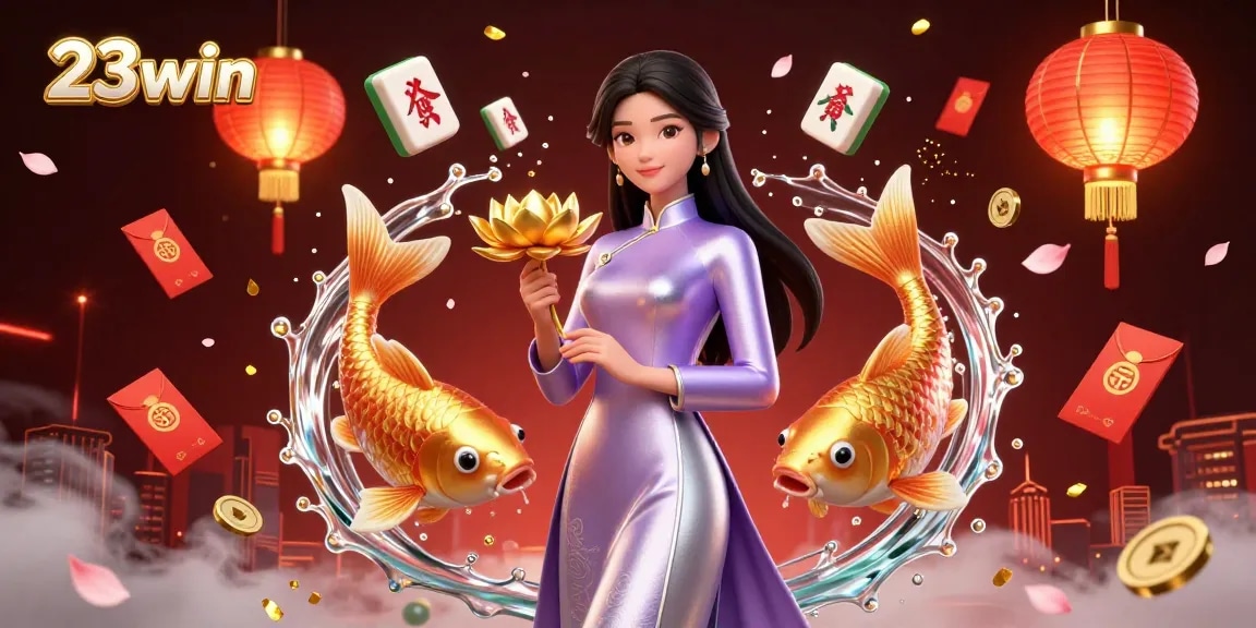Experience 23win with a vibrant 3D scene showcasing gaming elements, lucky symbols, and casino atmosphere.