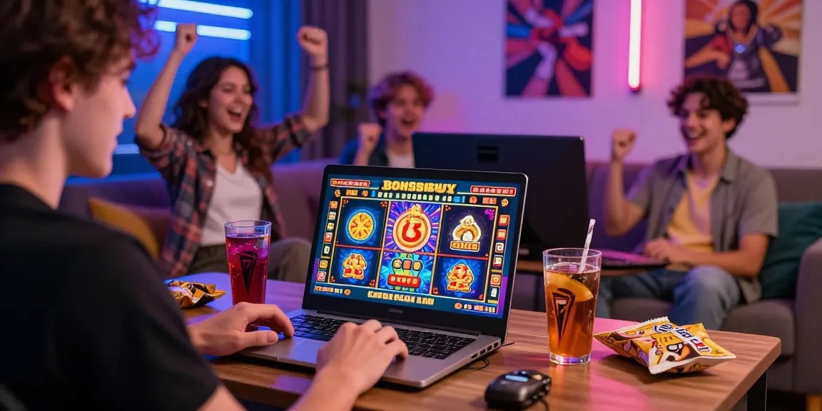 Engaging scene of a player enjoying pragmatic play bonus buy slots with friends in a vibrant online casino atmosphere.