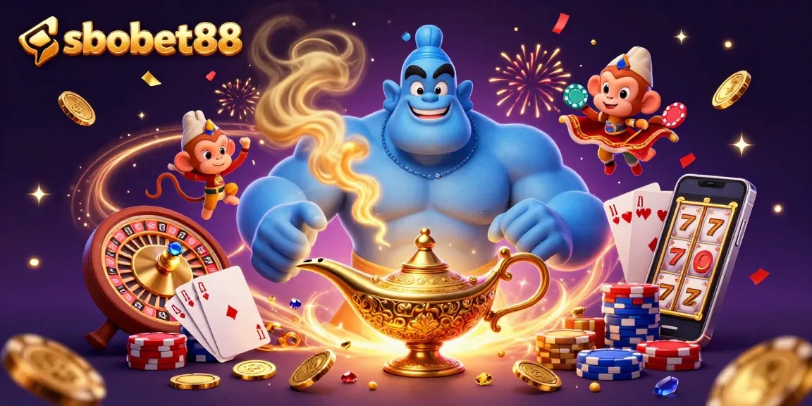 Sbobet88 genie bursting from a lamp in a vivid casino scene with poker chips, coins, and confetti