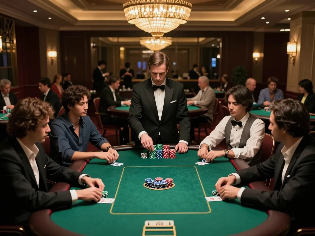 Winstrike69 poker players strategizing at a luxury casino table under ambient lights.