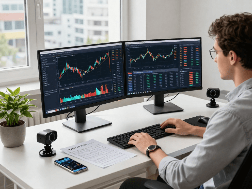 Developer working with Germany stock WebSocket API on multiple screens in a modern financial analytics workspace.