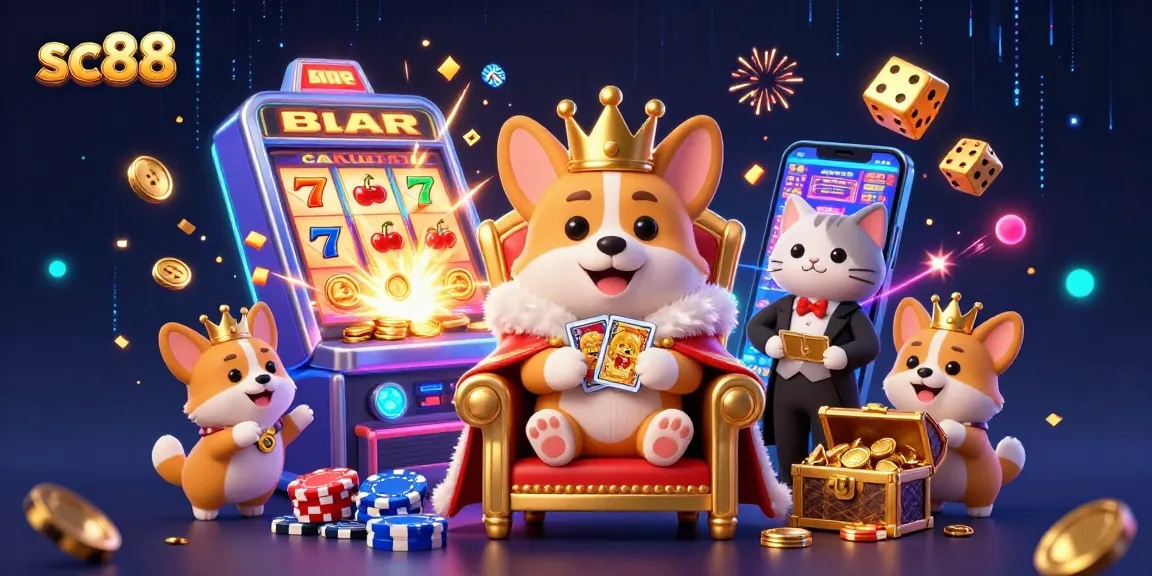 Engage with sc88 exciting casino visuals featuring a royal corgi and vibrant gaming symbols.
