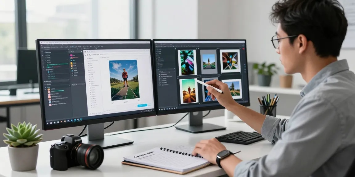 AI detector analyzing images on dual monitors in a modern tech workspace