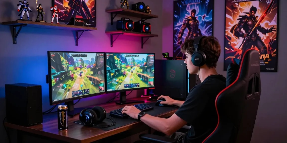 Ruang gaming online rajareceh dengan pemain fokus pada layar, minuman energi dan pernak-pernik.