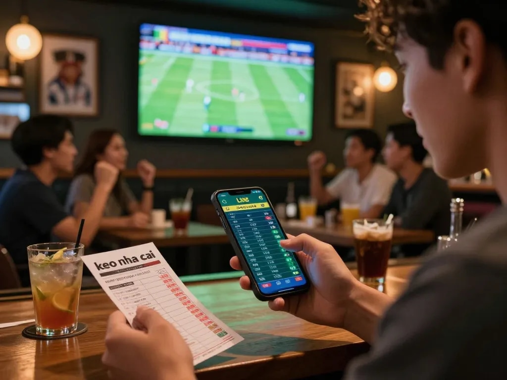 Person placing keo nha cai bets while watching a live football match at home, enjoying the sports atmosphere.