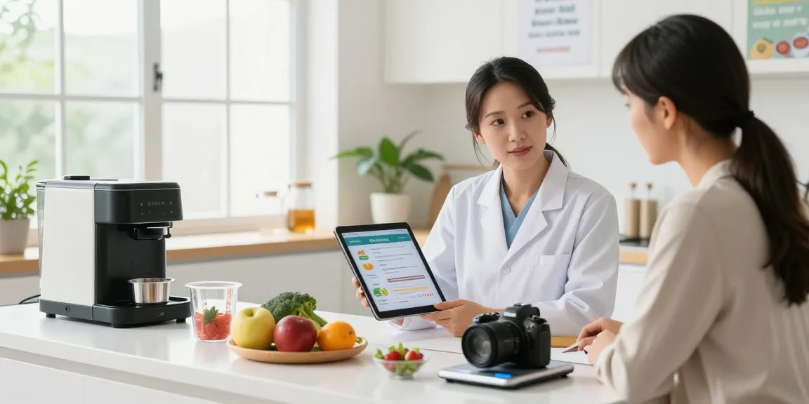 Nutritionist demonstrating the best nutrition app with fresh ingredients in a bright kitchen.