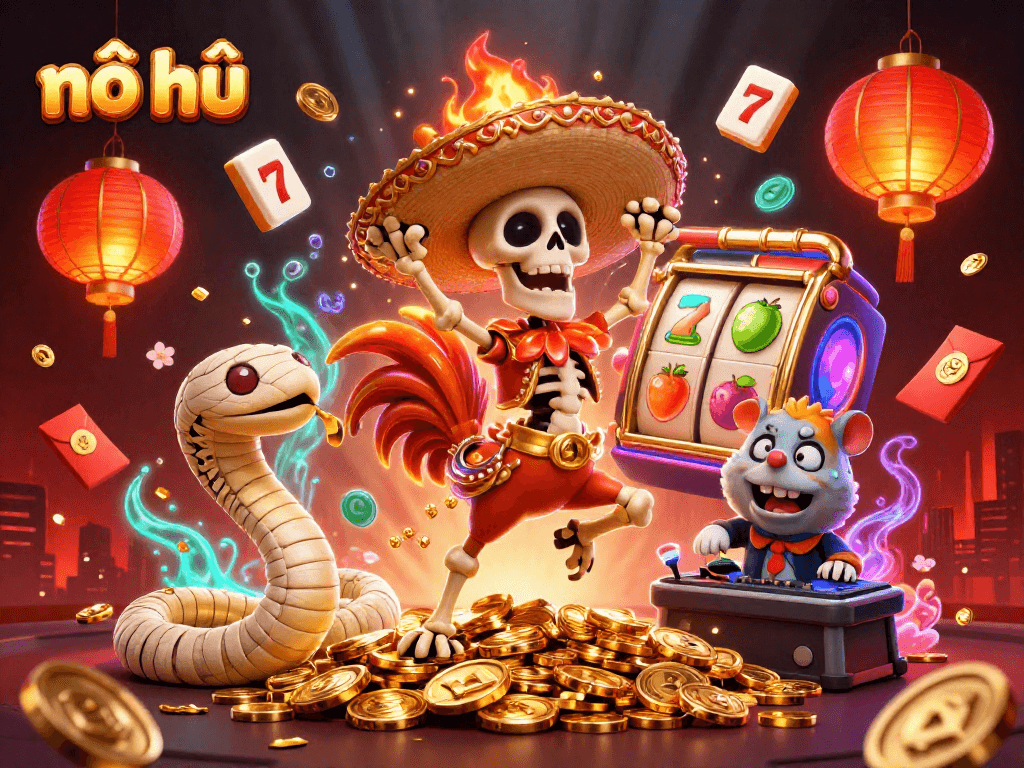 Experience thrilling nổ hũ gameplay with a vibrant casino scene showcasing jackpot elements and festive characters.