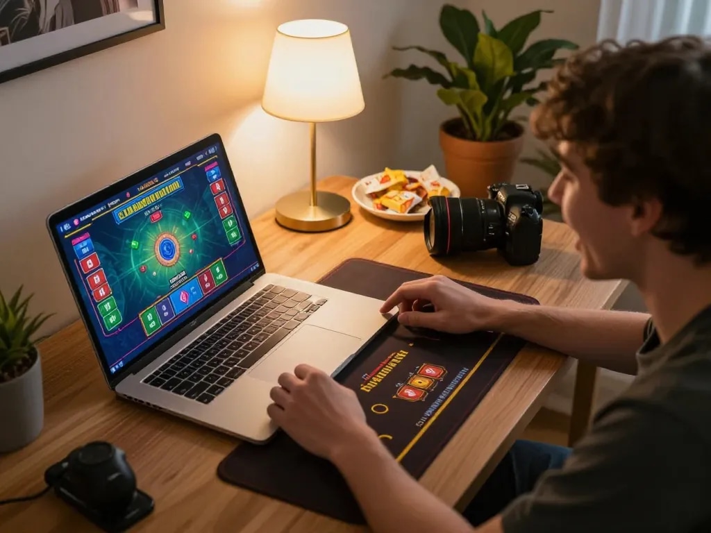 Player engaging in online gambling at home with LGOLUX game interface displayed
