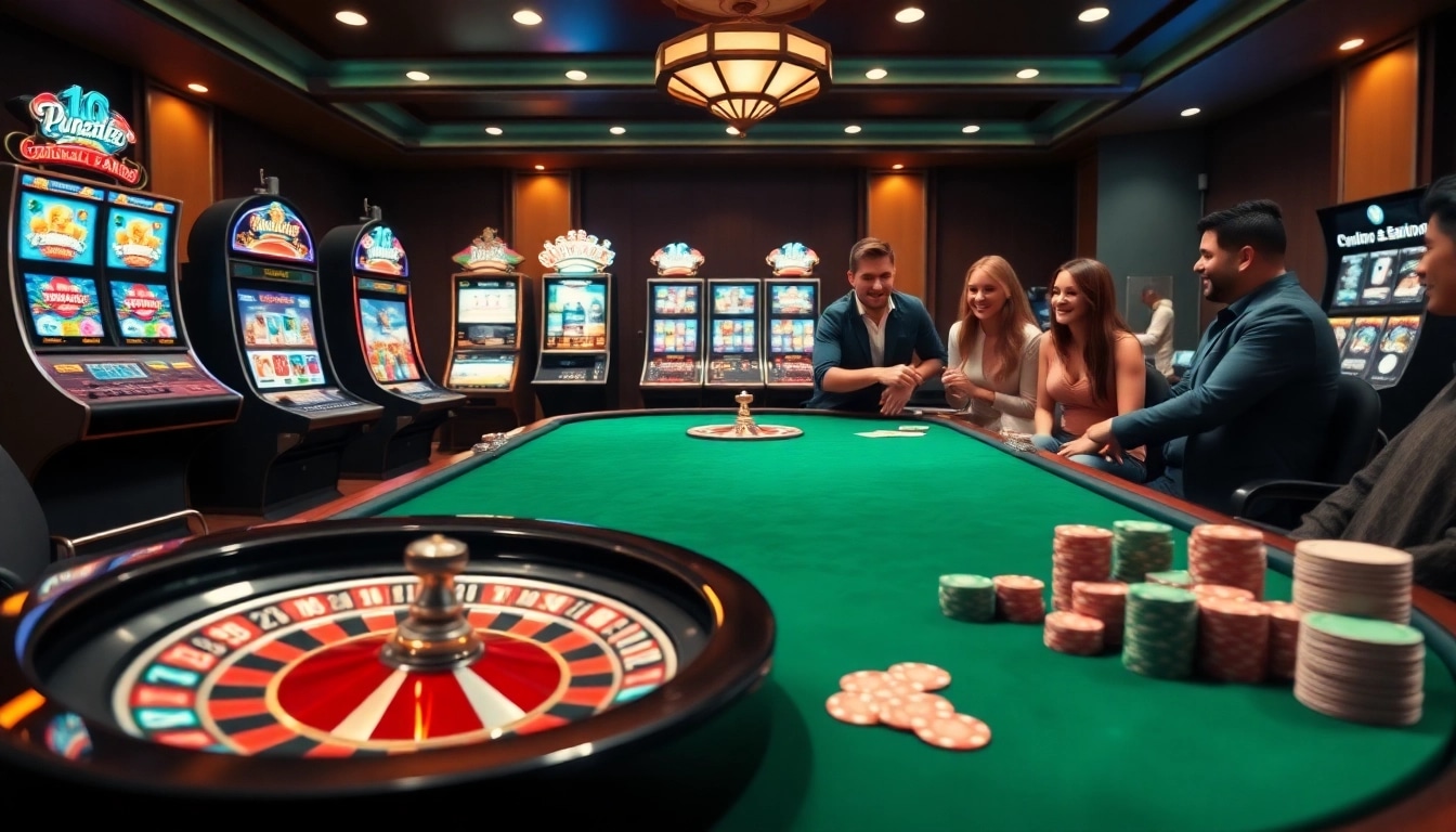 S8 gaming excitement at a modern casino with poker, roulette, and slot machines.
