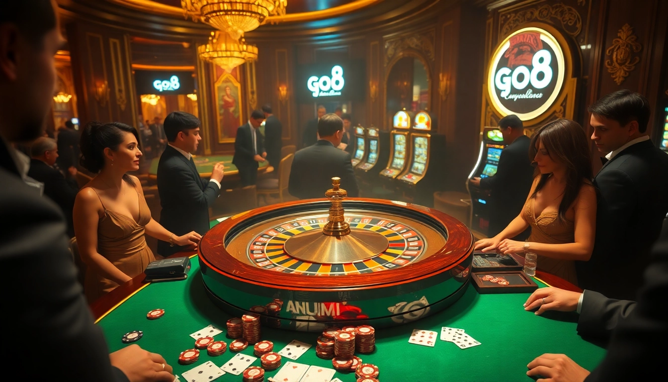 Players enjoying high-stakes action at the go8 casino with roulette, cards, and chips.