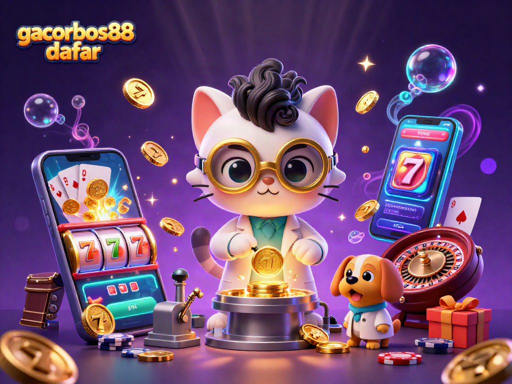 gacorbos88 daftar vibrant illustration of a scientist cat creating slot games with golden coins