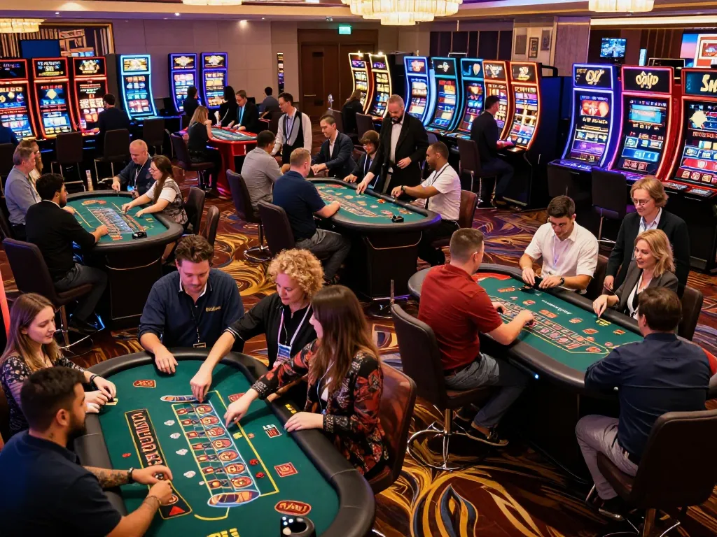 A dynamic scene showcasing a casino floor where players engage at blackjack and roulette tables, creating a lively atmosphere focused on giường bệnh nhân gaming.