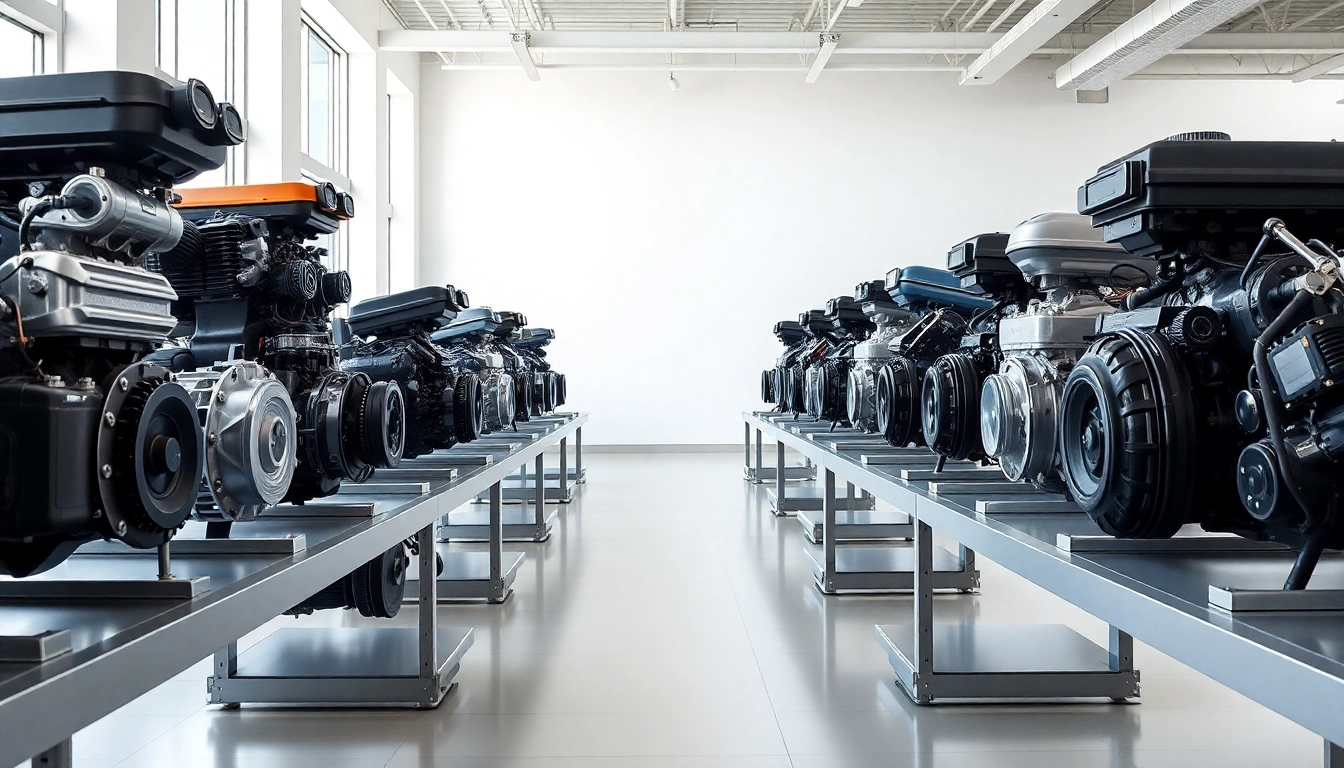 Showcase of used engines, highlighting their features in a bright showroom setting.