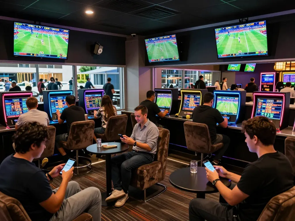 W 88 patrons engaging with mobile devices for sports betting in a vibrant lounge setting