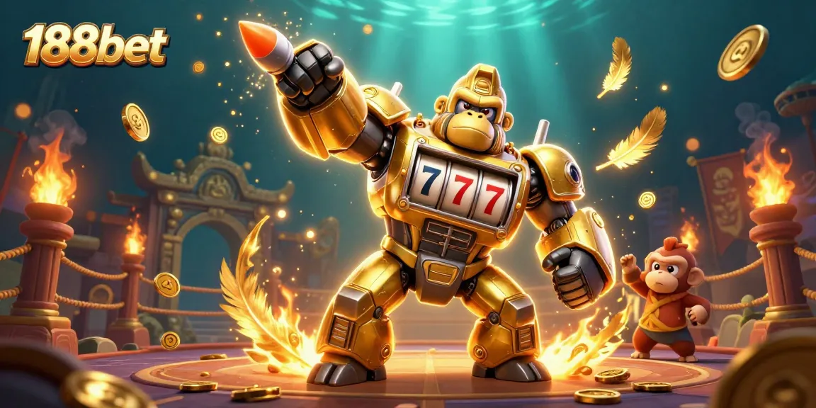 Engage with thrilling 188bet action featuring a golden gorilla mech and casino elements.