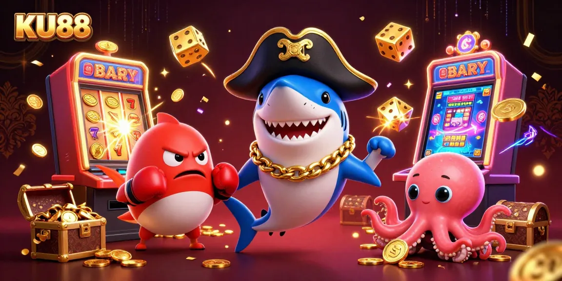 Spin the reels at KU88 with lively characters in a vibrant casino scene.
