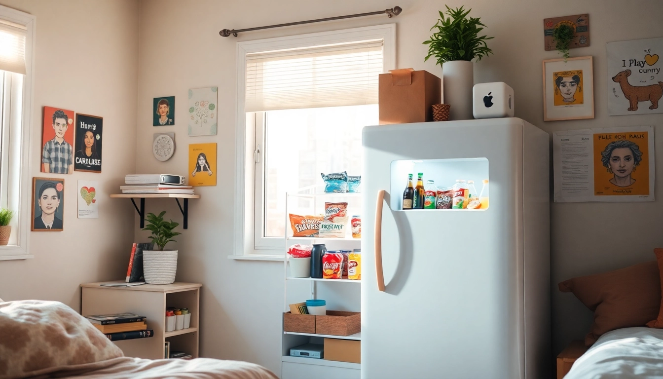 Discover stylish dorm room fridge filled with essentials in a vibrant student living space.