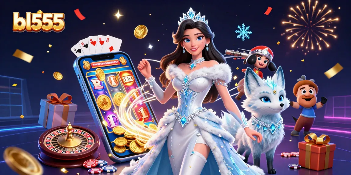 Experience thrilling gameplay at bl555 with a stunning ice queen and arctic fox in 3D illustration.