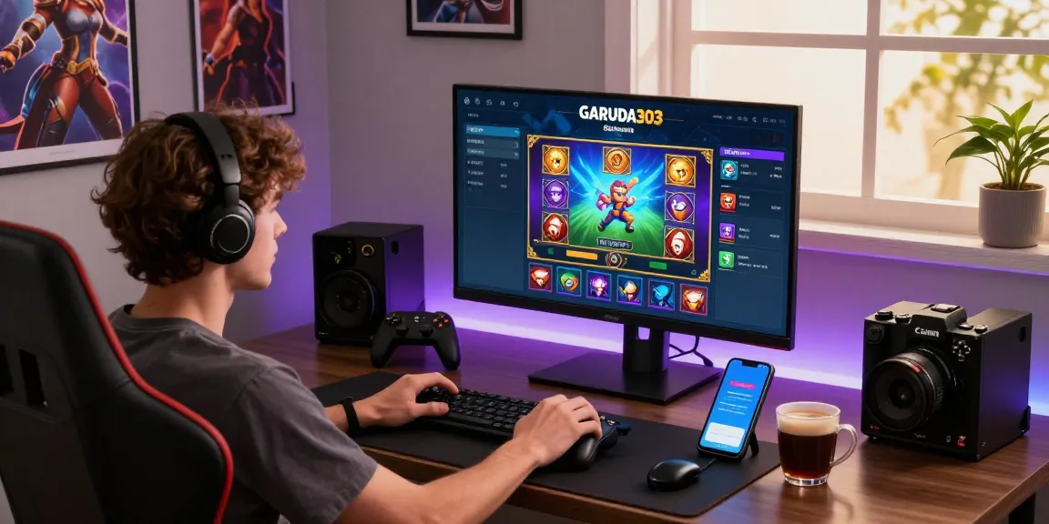 Engaging with Garuda303 platform on high-resolution screen, gaming accessories visible.
