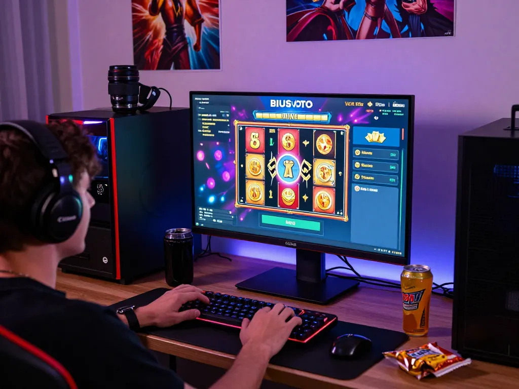Player enjoying BIUSTOTO online slot games in a vibrant gaming setup, showcasing excitement and vibrant graphics.