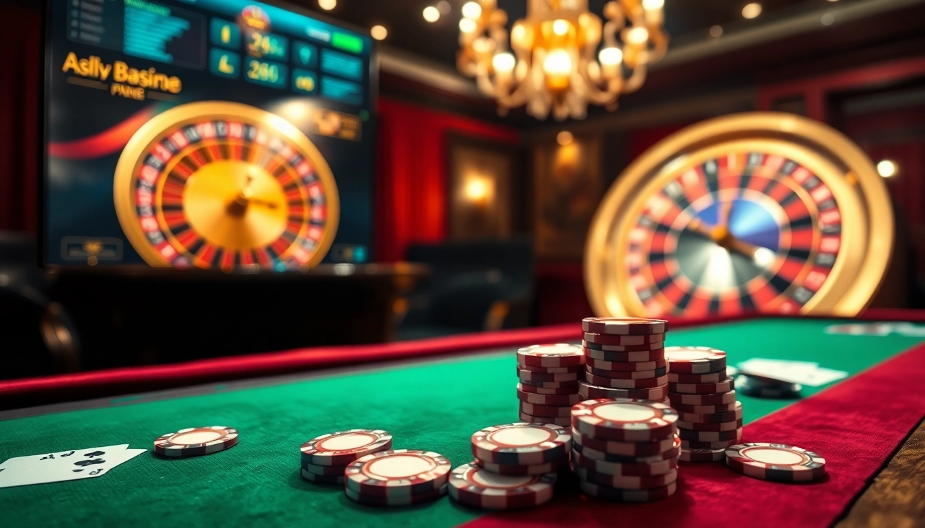 Stratégies gagnantes dans un cadre de casino en ligne de luxe avec des jetons de poker vibrants et une roue de roulette.