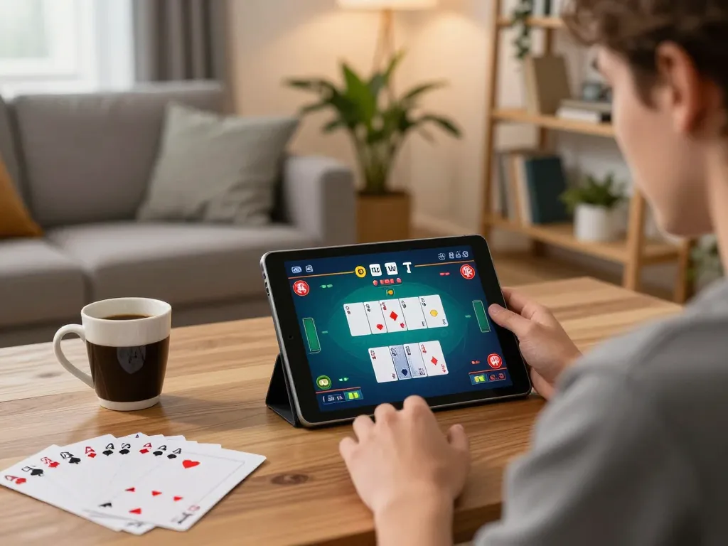 manclub player strategizing poker on tablet in a cozy home setup