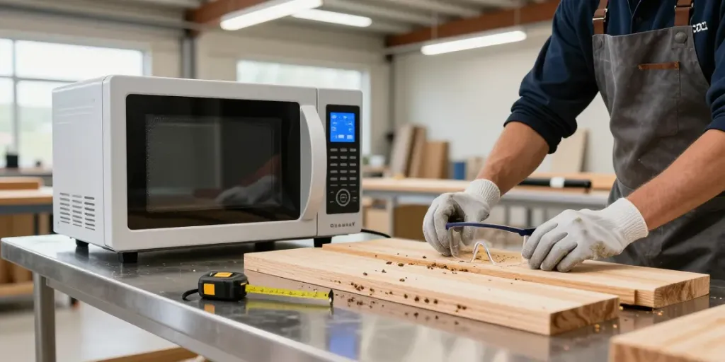 Technician using SHASHEL® microwave equipment for pest elimination in a modern workshop.