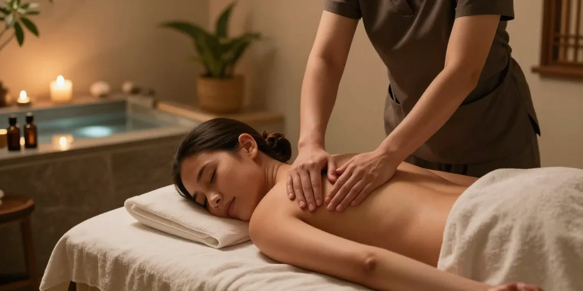 대치동마사지 전문 스파에서 스웨디시 마사지 중인 모습, 아로마 오일과 평화로운 환경이 조화를 이루는 장면