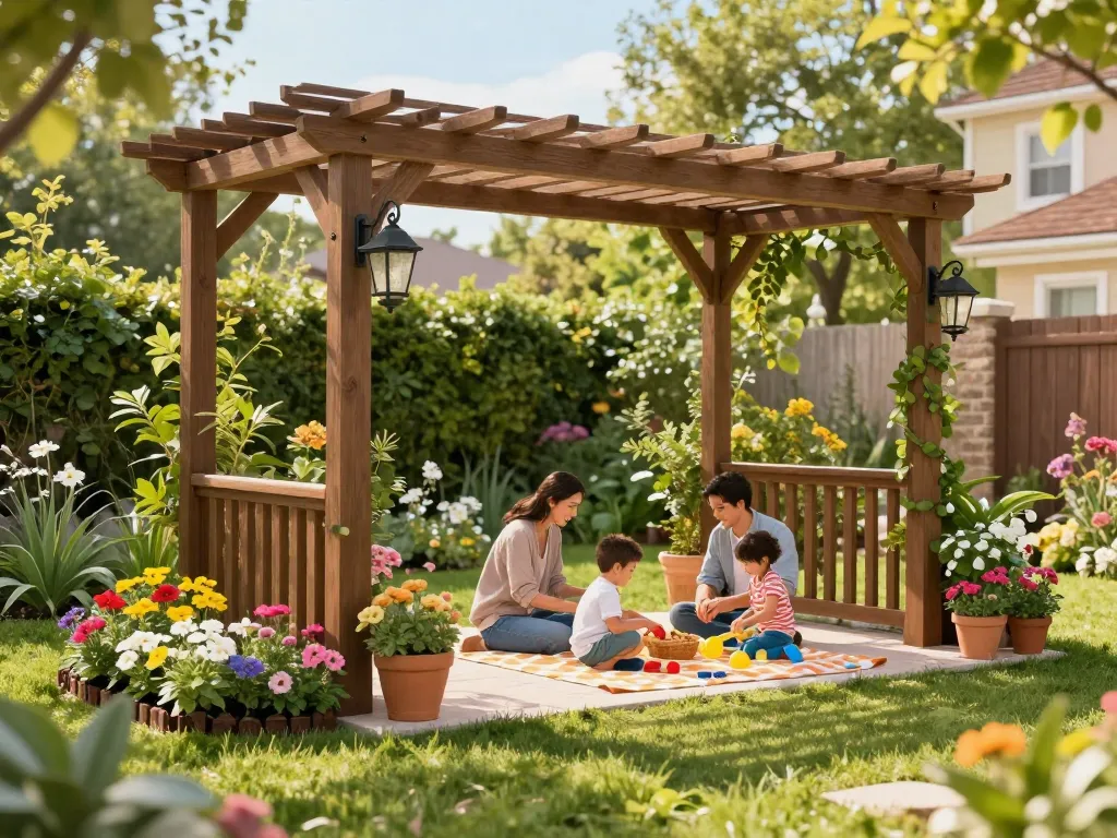 A vibrant backyard scene featuring a 3D pergola with a family enjoying a picnic, surrounded by flowers and greenery.