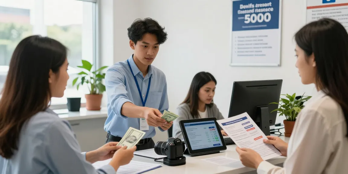 Banking scene with a cash deposit of 5000 being discussed in a welcoming atmosphere, highlighting personal finance.