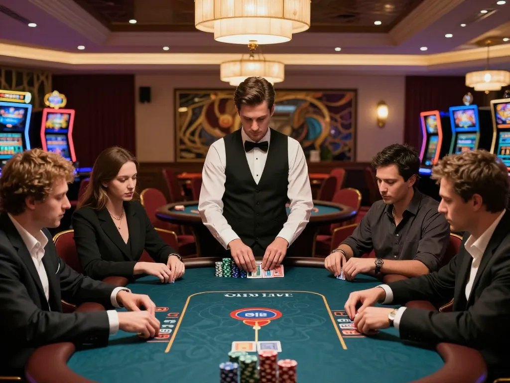 VIPWIN poker players strategizing their moves at an exclusive high-stakes table in a luxury casino.