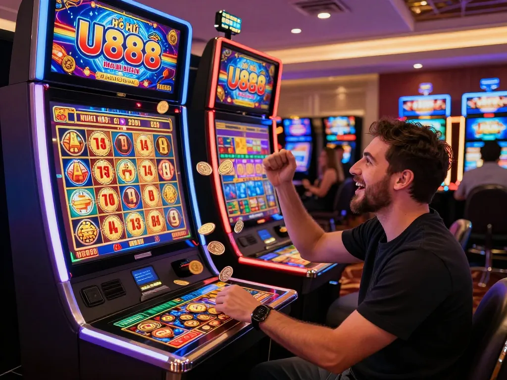 Celebrating a big win at U8888 slot machines with coins cascading down.